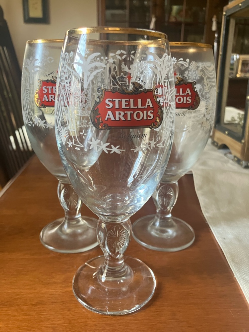 3 Stella Artois stemmed gold rim chalice beer glass water series